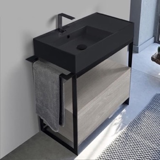 Console Bathroom Vanity Console Sink Vanity With Matte Black Ceramic Sink and Grey Oak Drawer Scarabeo 5115-49-SOL1-88